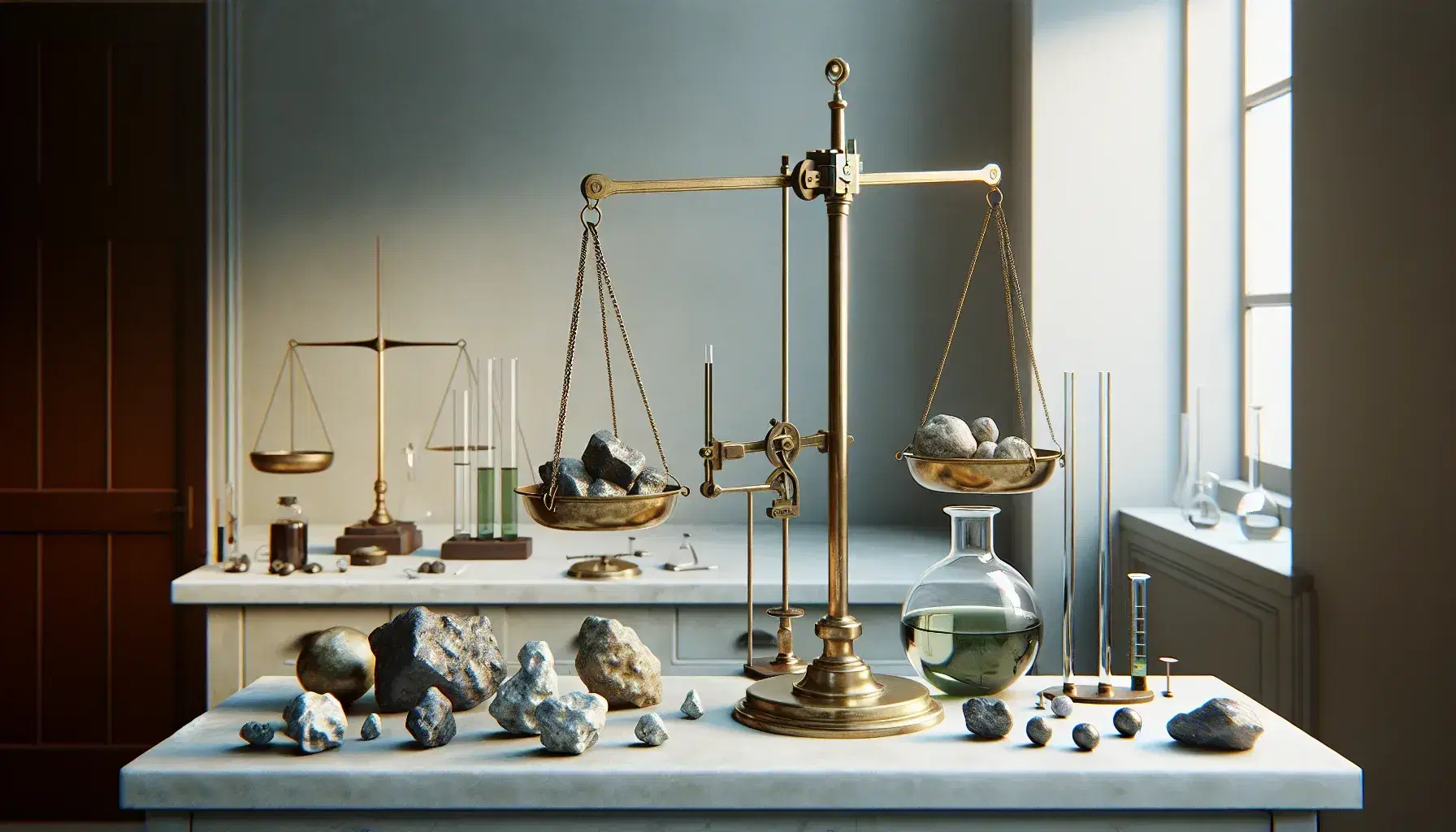 Polished brass equal arm balance with metal weights and irregular rocks, beaker and flask with liquids and lit Bunsen burner in laboratory.