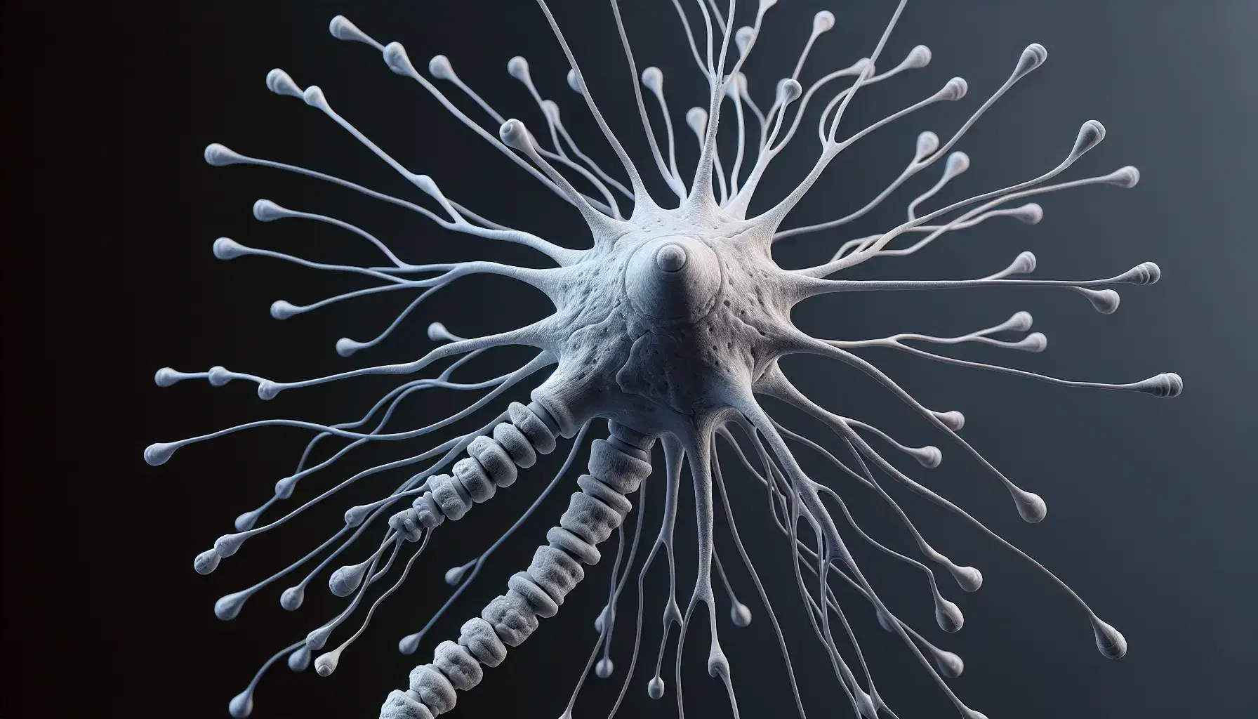 Modello 3D di neurone con soma grigio chiaro, dendriti ramificati e assone con guaina mielinica e nodi di Ranvier.