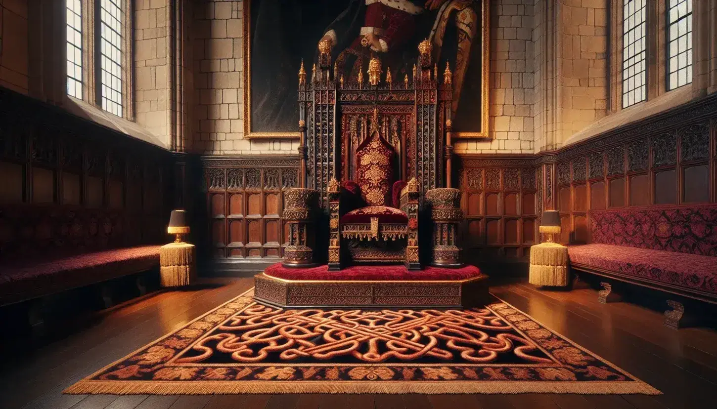 Opulent Tudor throne room with a carved wooden throne upholstered in red velvet, a portrait of a bearded nobleman, and a suit of ceremonial armor.