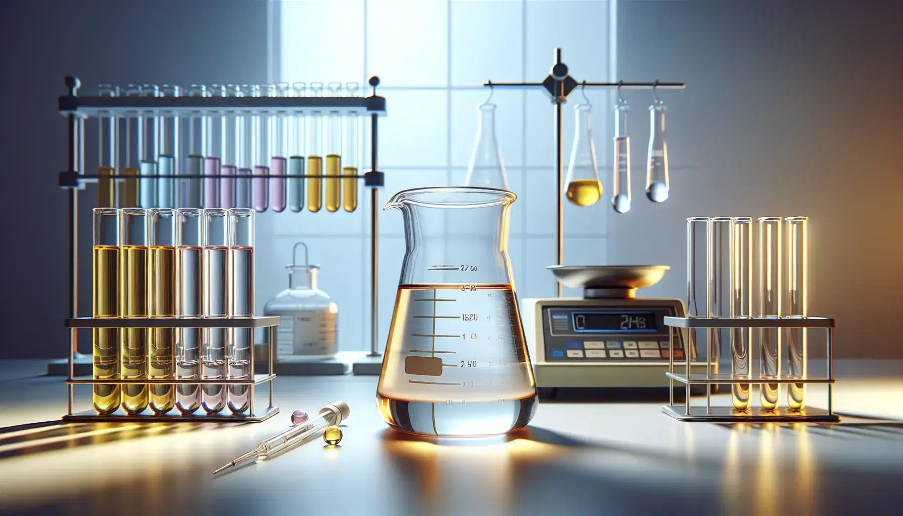 Laboratory with test tube containing amber liquid, rack of colorful test tubes and digital analytical balance in the background.