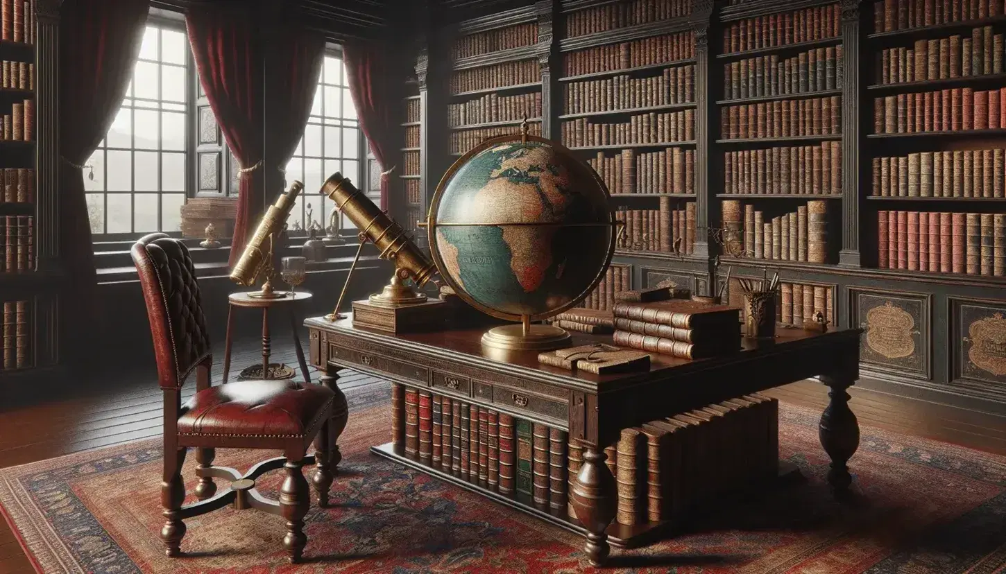 Biblioteca antigua con estanterías de madera oscura llenas de libros encuadernados en cuero, mesa con globo terráqueo y telescopio de latón, silla de respaldo alto y alfombra persa.