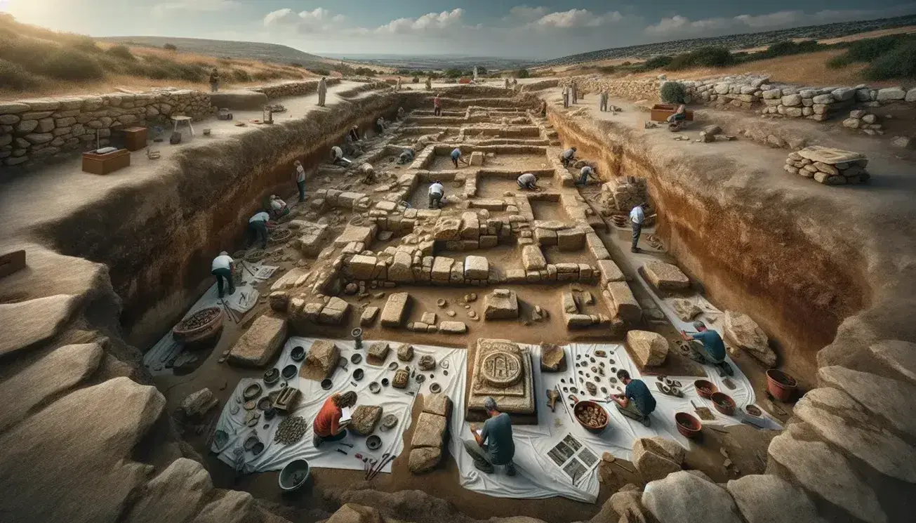 Scavo archeologico con resti di antiche strutture in pietra, archeologi al lavoro e reperti su tela bianca, in paesaggio arido.