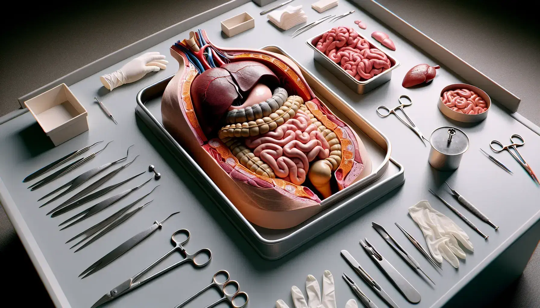 Vista aérea de un modelo anatómico detallado del abdomen humano con órganos coloreados y herramientas quirúrgicas en un laboratorio de anatomía.