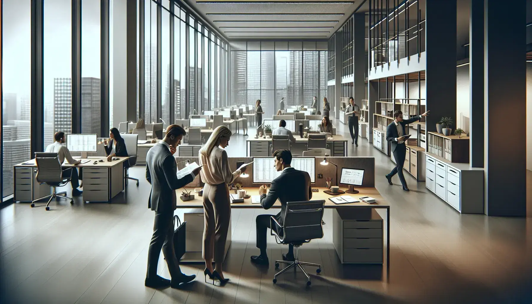 Three professionals collaborate around a desk in a bustling open-plan office with rows of desks and a cityscape visible through large windows.