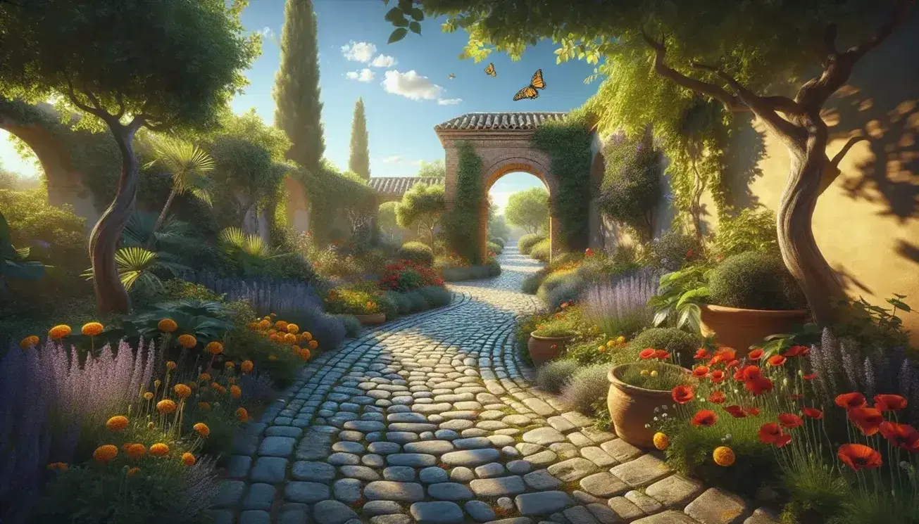 Serene Spanish garden with a cobblestone path, terracotta archway, vibrant flowers, fluttering butterflies, and a perched bird under a sunny sky.