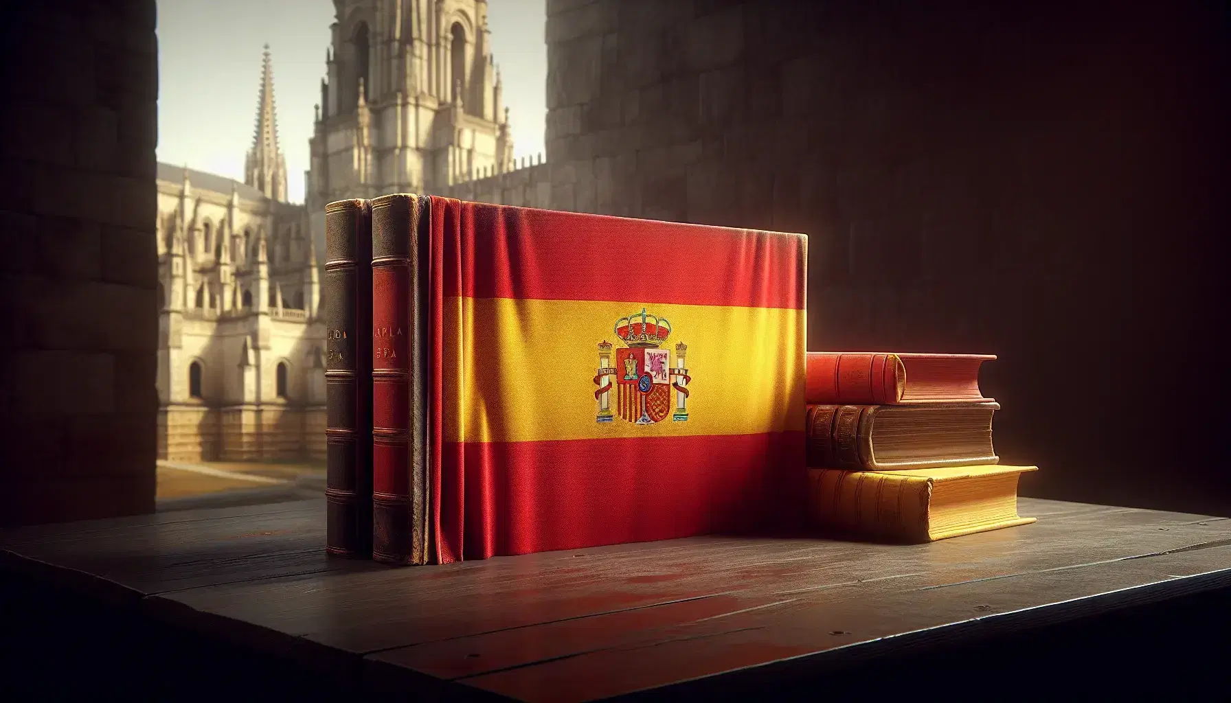 Bandera de España sobre mesa de madera con libros apilados en colores rojo y amarillo y fondo de pared de piedra.