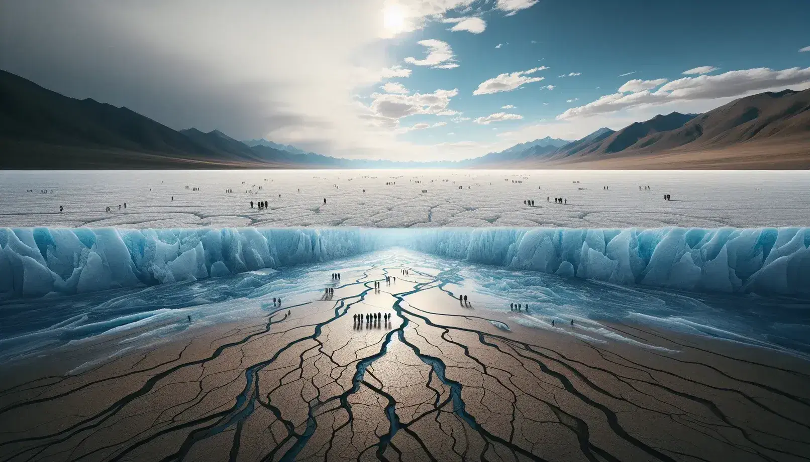 Paesaggio diviso tra ghiacciaio crepato e terreno arido con gruppo di persone che osservano il contrasto ambientale.