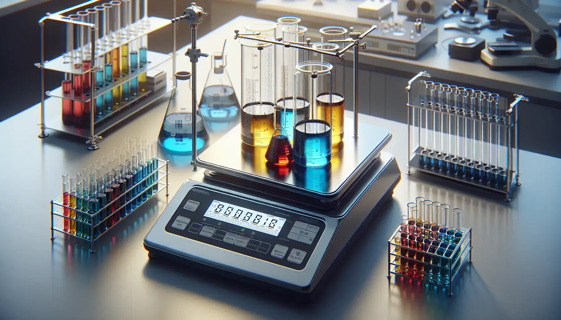Bilance analitiche di precisione su banco laboratorio con cilindri graduati contenenti liquidi colorati e provette in supporto, ambiente professionale.