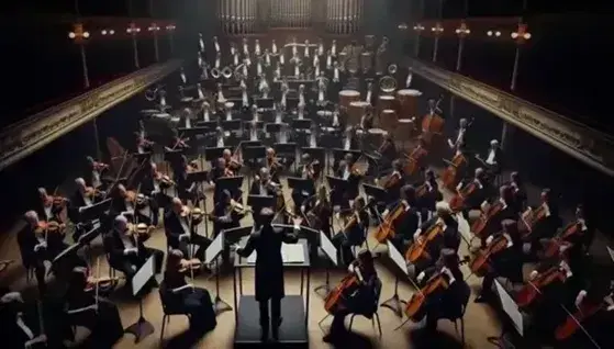 Orchestra sinfonica in esecuzione con direttore al centro, musicisti con strumenti a corda, fiati e percussioni in sala concerti illuminata.