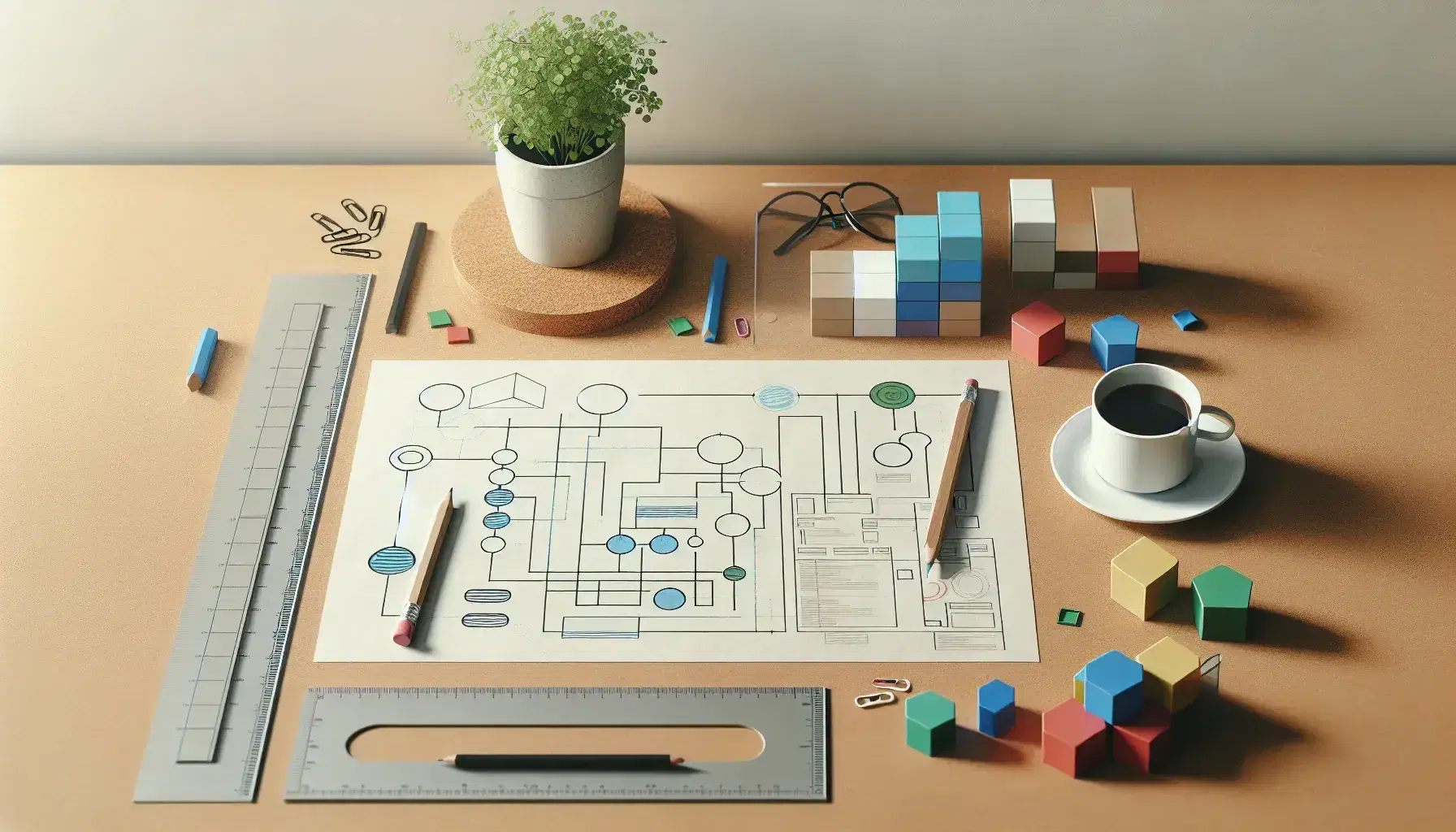 Mesa de trabajo con papel de planificación, bloques de construcción de colores primarios, planta en maceta, taza de café humeante, lápiz, regla y gafas, en un entorno de oficina.