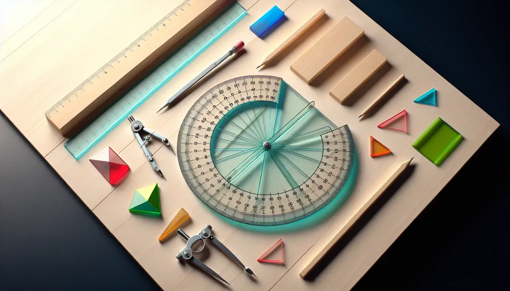 Assorted geometric tools on a wooden surface, including a clear protractor, metal compass, and colored shapes like a triangle, square, and rectangle.