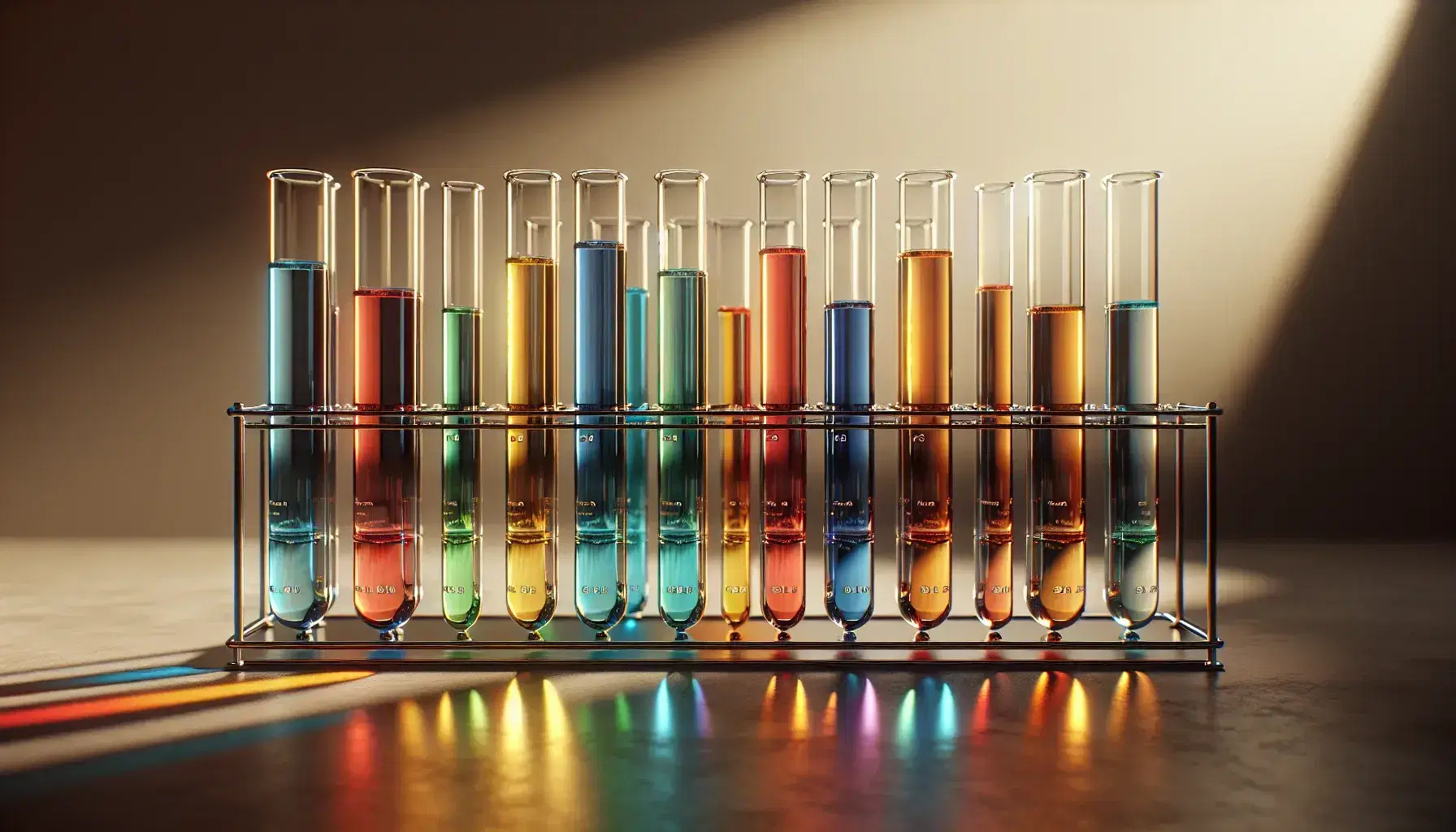 Tubos de ensayo de vidrio en gradilla metálica con líquidos de colores en gradiente del rojo al azul, iluminados y sin marcas visibles.