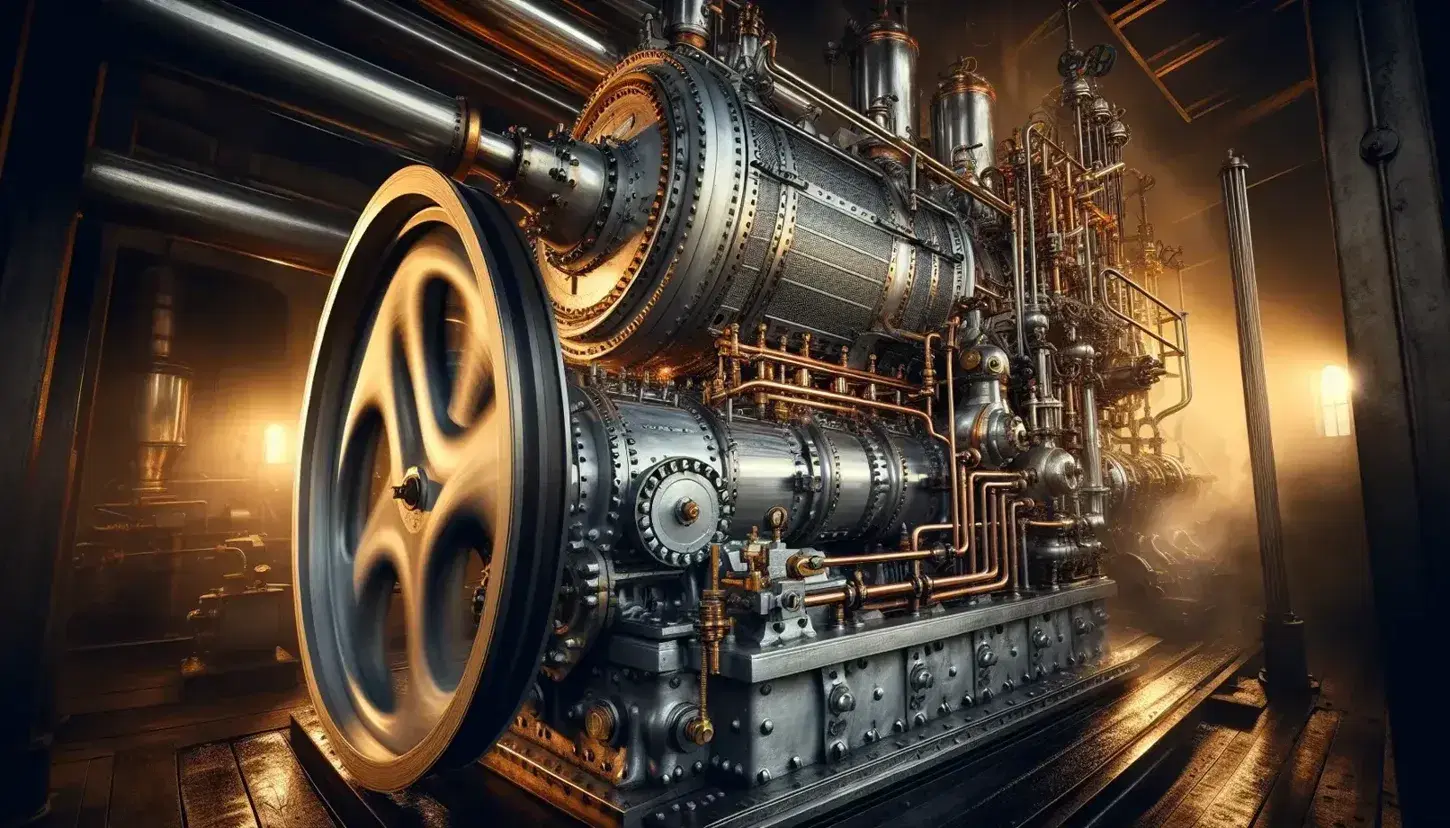 Steam engine in operation with cylindrical boiler, reflections of fire on metal, moving flywheel and steam coming out of joints.