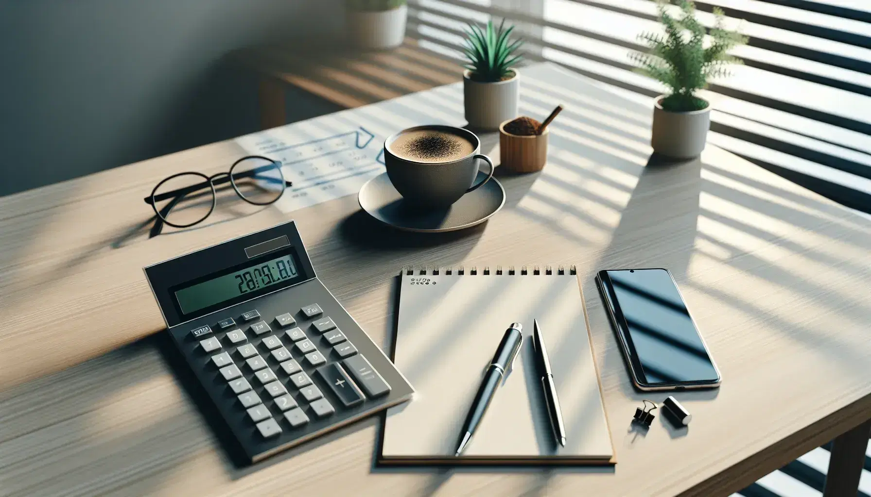 Escritorio de oficina de madera clara con bloc de notas abierto, calculadora moderna, smartphone apagado, taza de café humeante y planta verde.