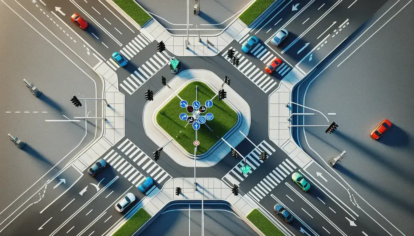 Vista aerea di un incrocio stradale con segnali geometrici, semaforo verde acceso e pedoni in attesa di attraversare su strisce pedonali.