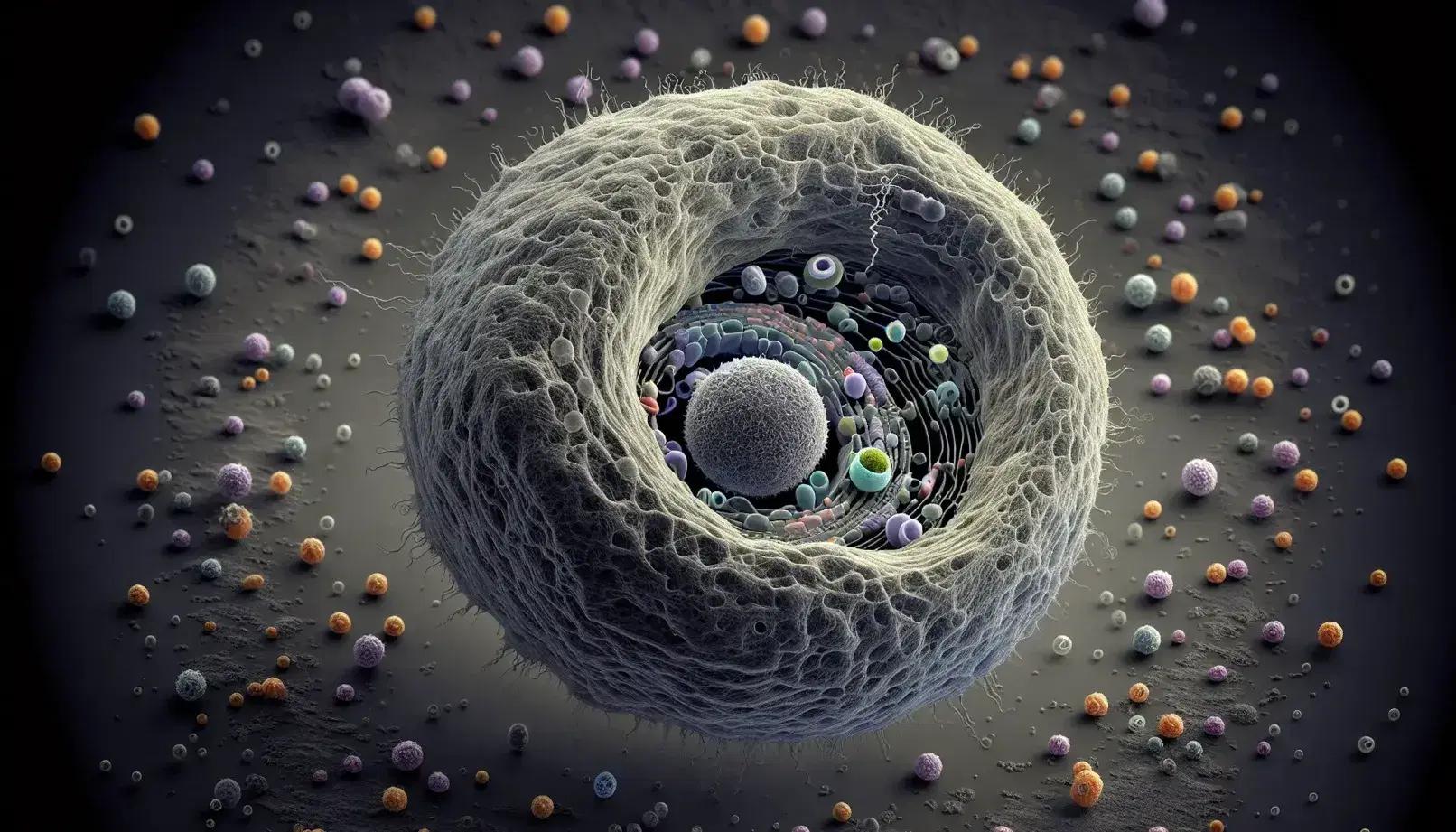 Vista microscópica de célula animal con membrana, núcleo y moléculas extracelulares en tonos grises y colores, mostrando canal de transporte.