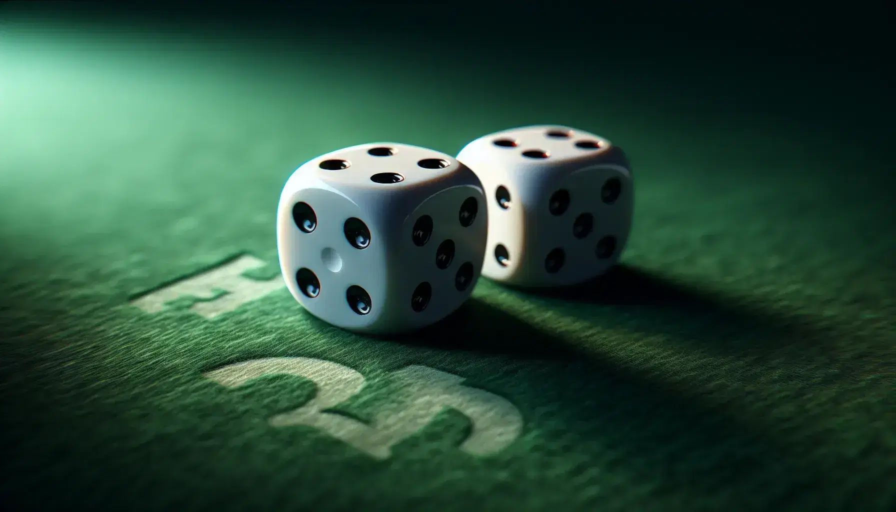 Two dice on green felt, one showing three pips diagonally, the other with four pips in a square pattern, casting a shadow from light above left.
