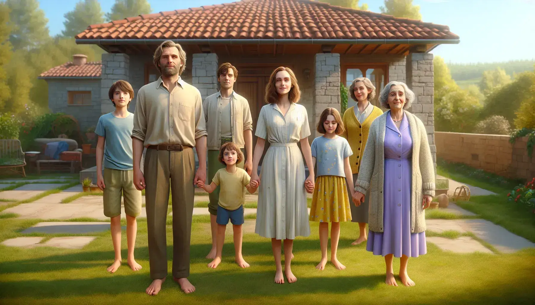 Familia de cinco personas de pie sobre césped frente a casa de piedra con tejado rojo, rodeados de árboles y cielo azul, iluminados por el sol.