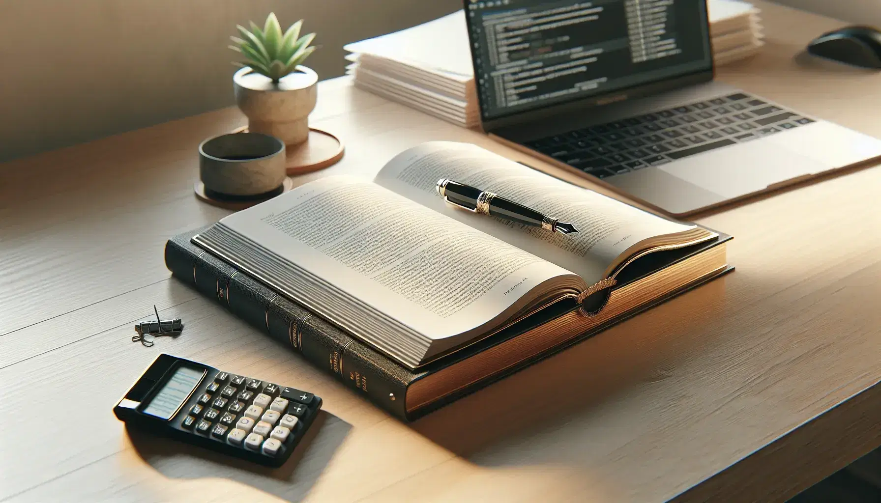 Scrivania in legno chiaro con libro aperto dai bordi dorati, calcolatrice nera, penna stilografica, fogli bianchi, laptop e pianta verde.