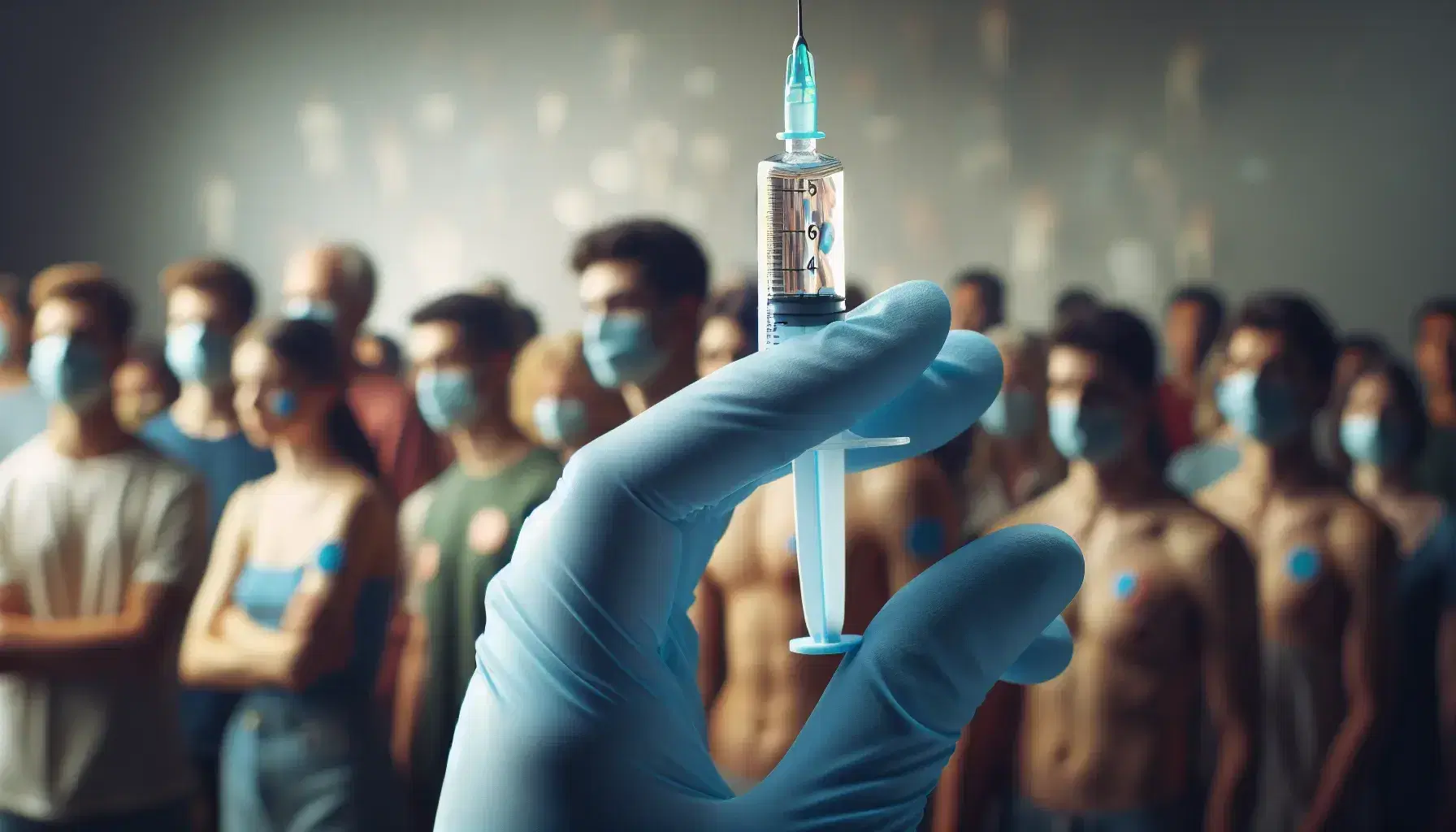 Mano con guante azul claro sosteniendo jeringa con líquido transparente, fondo desenfocado con personas que han sido vacunadas.