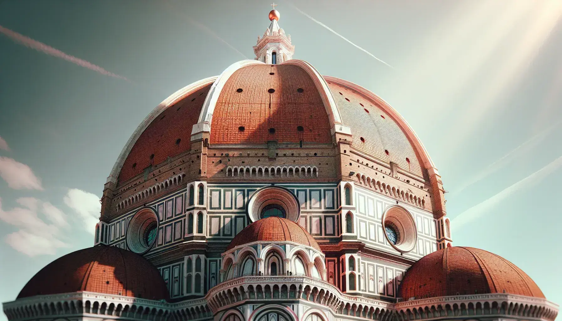 Cupola del Duomo di Santa Maria del Fiore a Firenze con costoloni in marmo bianco, finestre ovali e lanterna sommitale, su cielo azzurro.