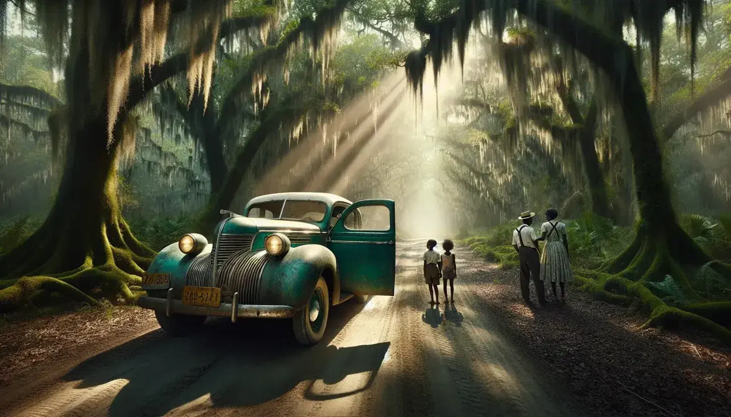 Vintage 1950s turquoise and white car on a forest road with Spanish moss, accompanied by a South Asian man, Black woman, and child in daylight.