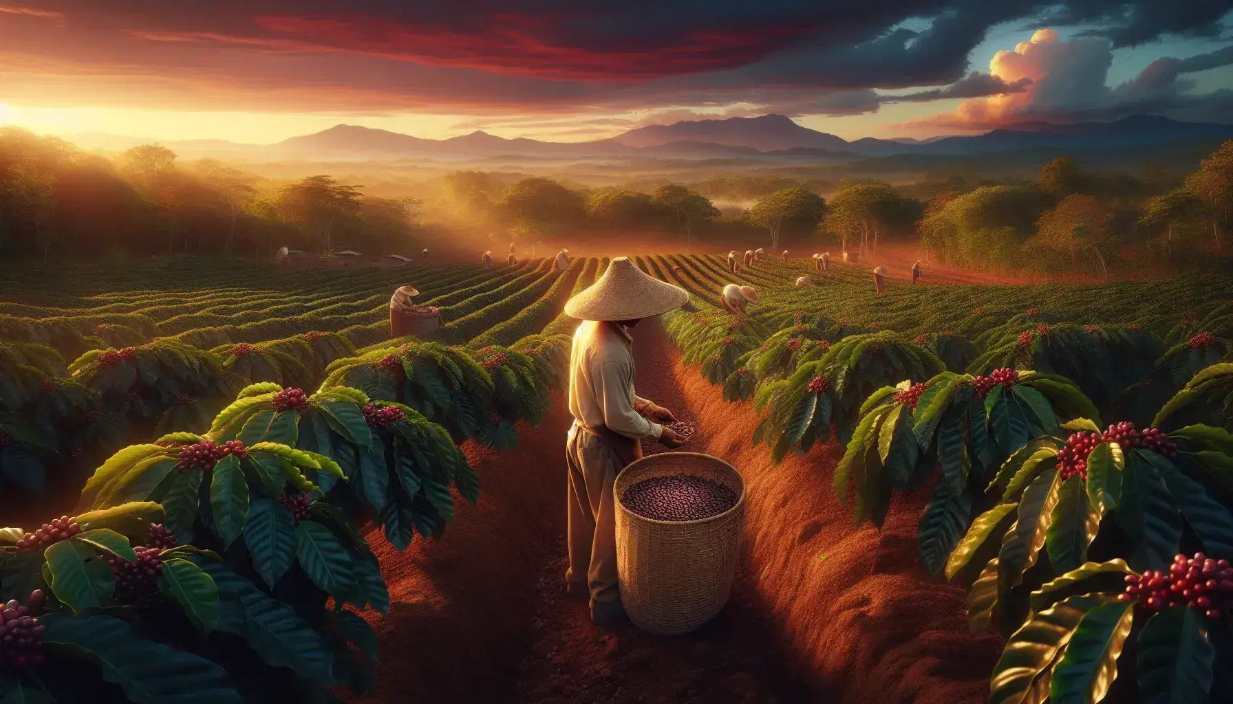 Plantación de café en Latinoamérica al atardecer con trabajador recolectando granos en cesta, entre arbustos y montañas al fondo bajo cielo anaranjado.