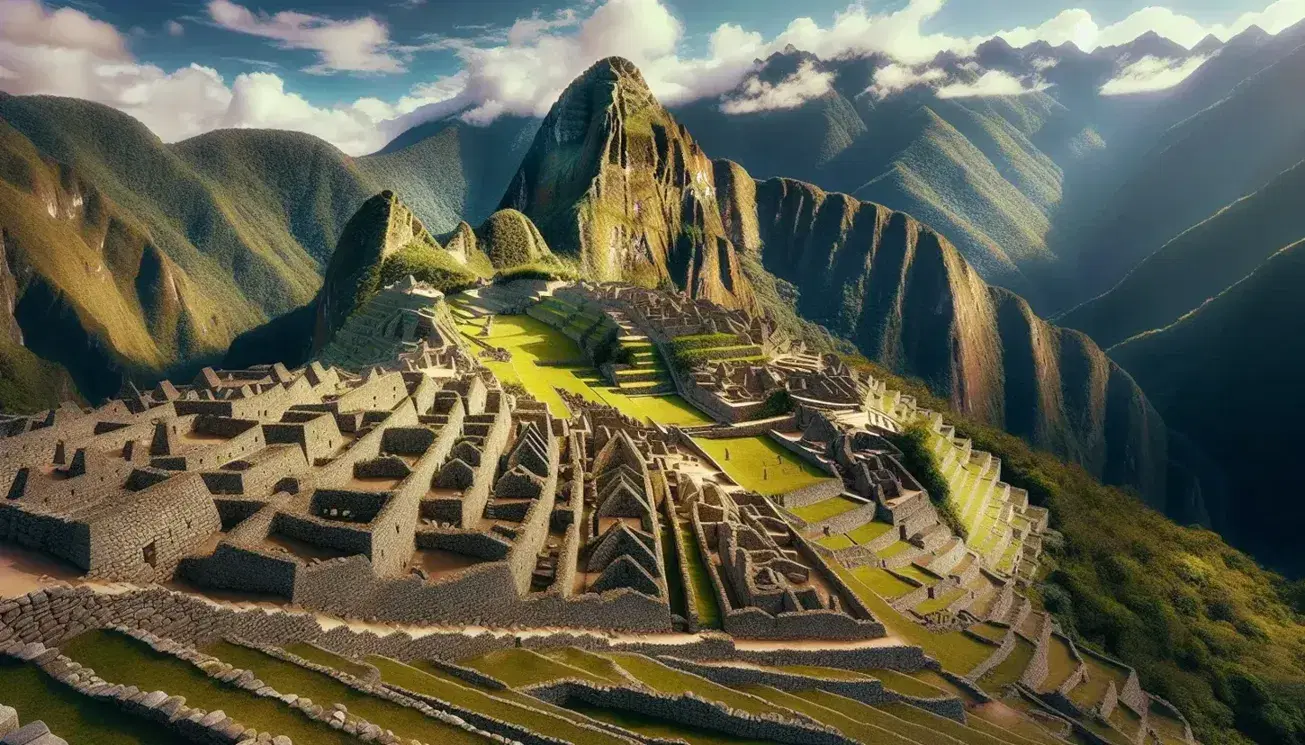 Vista panorámica de las antiguas ruinas de Machu Picchu con terrazas de piedra, construcciones incas y montaña Huayna Picchu bajo un cielo azul parcialmente nublado.
