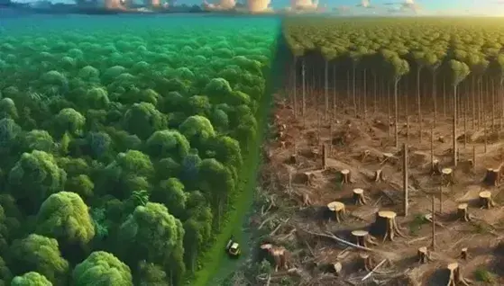 Lush forest meets barren land, with a bulldozer clearing trees, depicting stark habitat destruction and contrasting ecosystems.