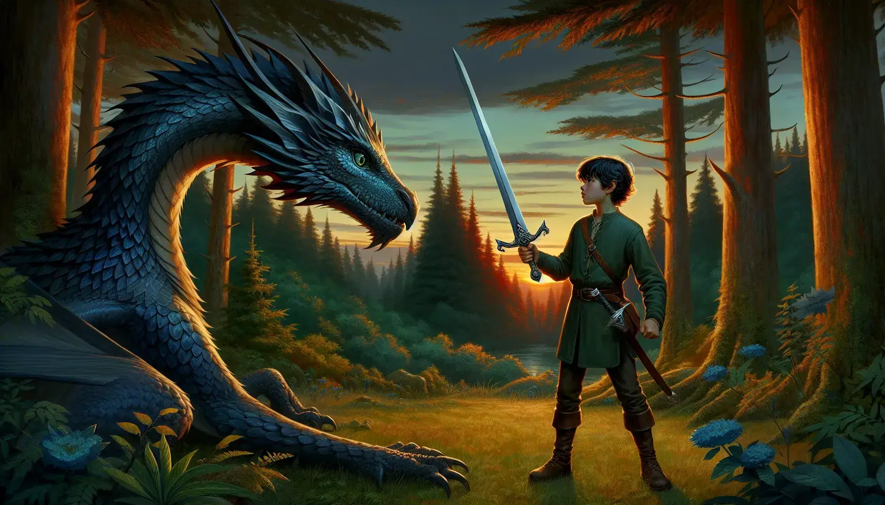 Ragazzo con spada e drago blu in posa protettiva in una radura al tramonto, riflessi di luce su scaglie e lama.