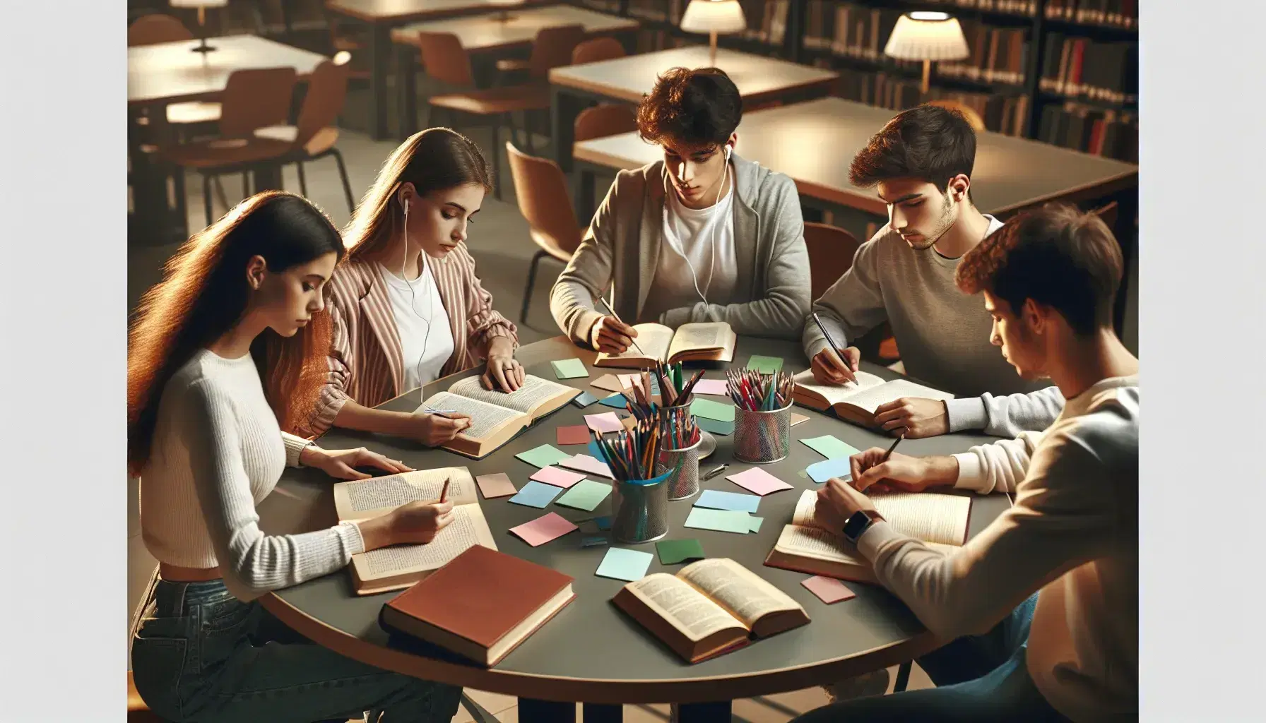Grupo de cinco estudiantes diversos concentrados estudiando juntos alrededor de una mesa redonda con libros y materiales de papelería en una biblioteca.