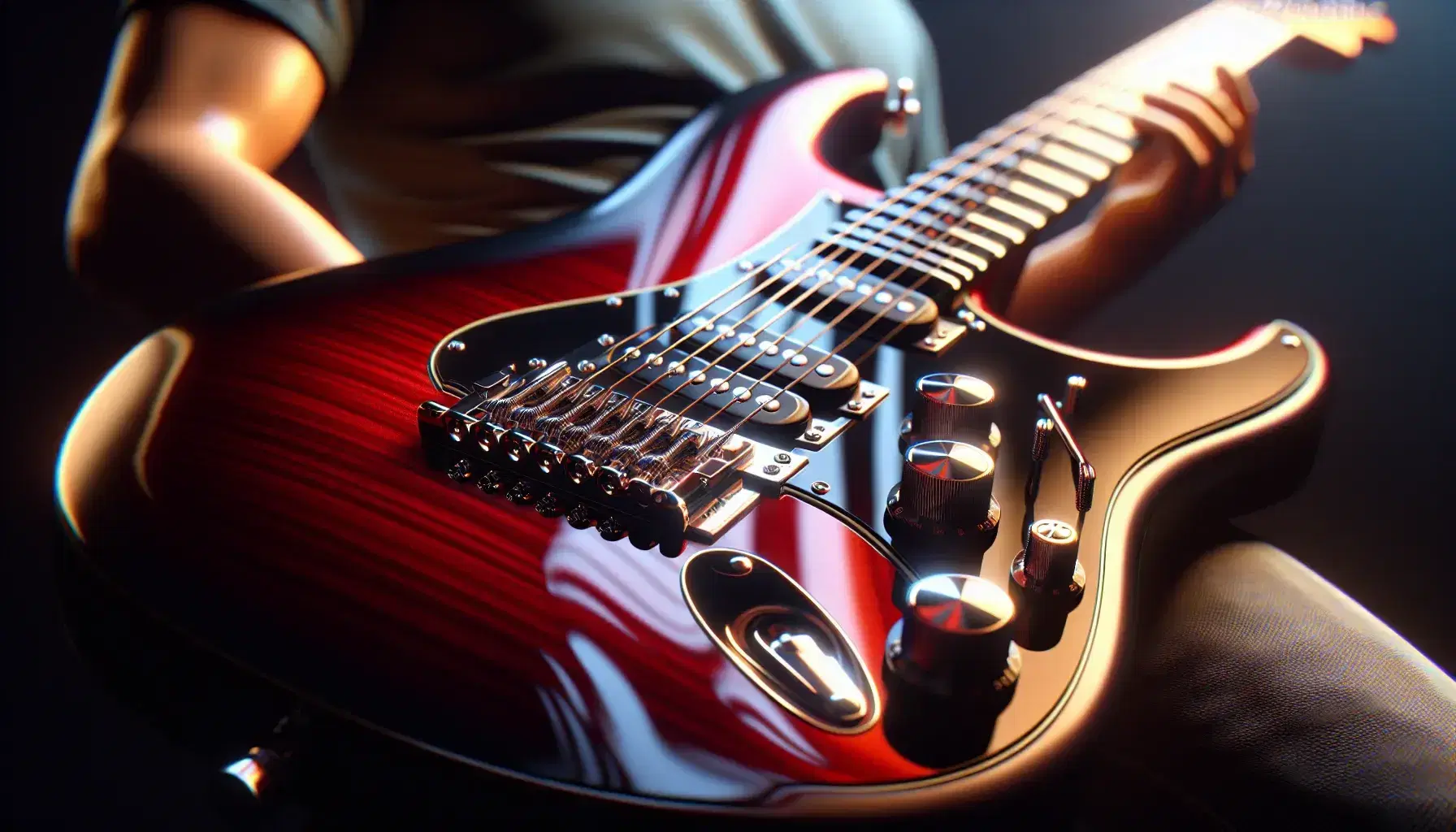 Guitarra eléctrica de acabado rojo brillante con cuerdas metálicas, inlays blancos en el mástil, puente plateado y perillas de ajuste.
