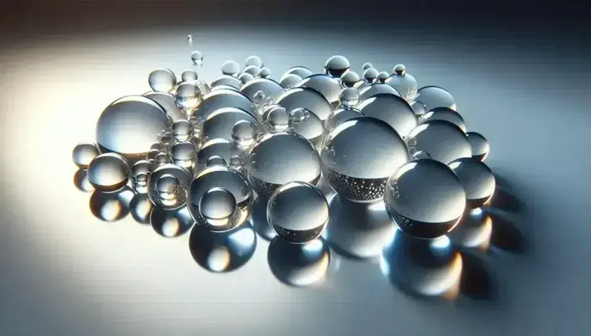 Esferas de vidrio transparentes de distintos tamaños sobre superficie reflectante con juego de luces y sombras, sin elementos distractores.