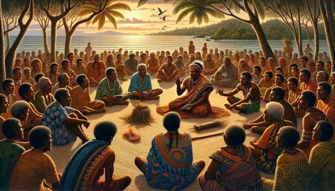 Oceanian storytelling session with a vibrant storyteller and attentive audience on a woven mat, sunset and ocean backdrop, framed by tropical foliage.