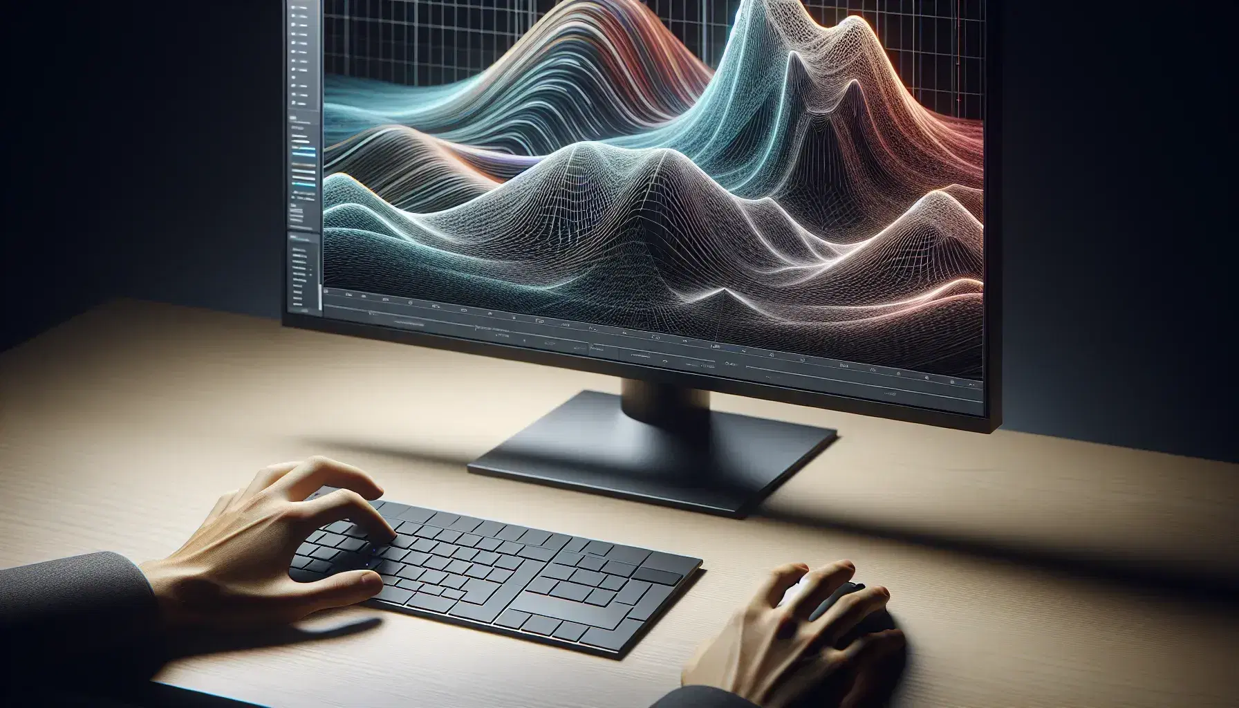 Close-up view of hands at a desk with a modern keyboard and mouse, in front of a monitor displaying a colorful 3D graph with peaks and valleys.
