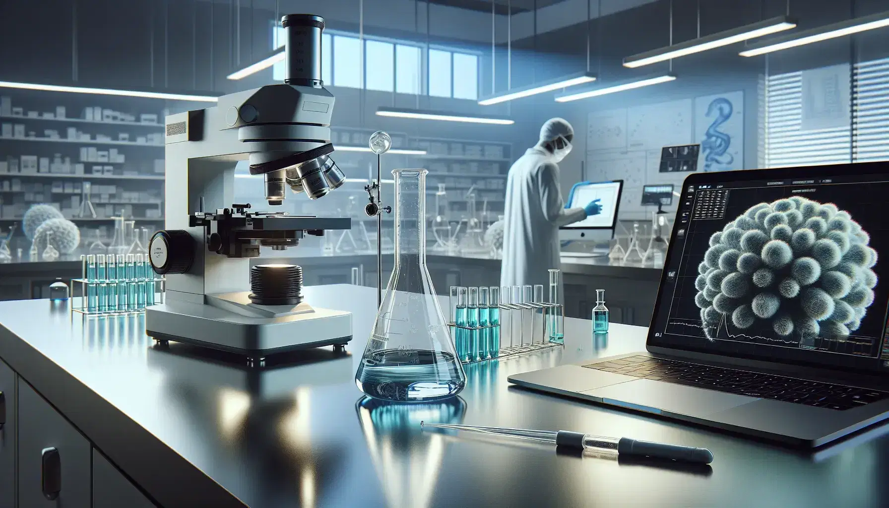 Laboratorio de investigación moderno con microscopio electrónico, pipetas, frascos con líquidos coloridos y científico ajustando equipo.