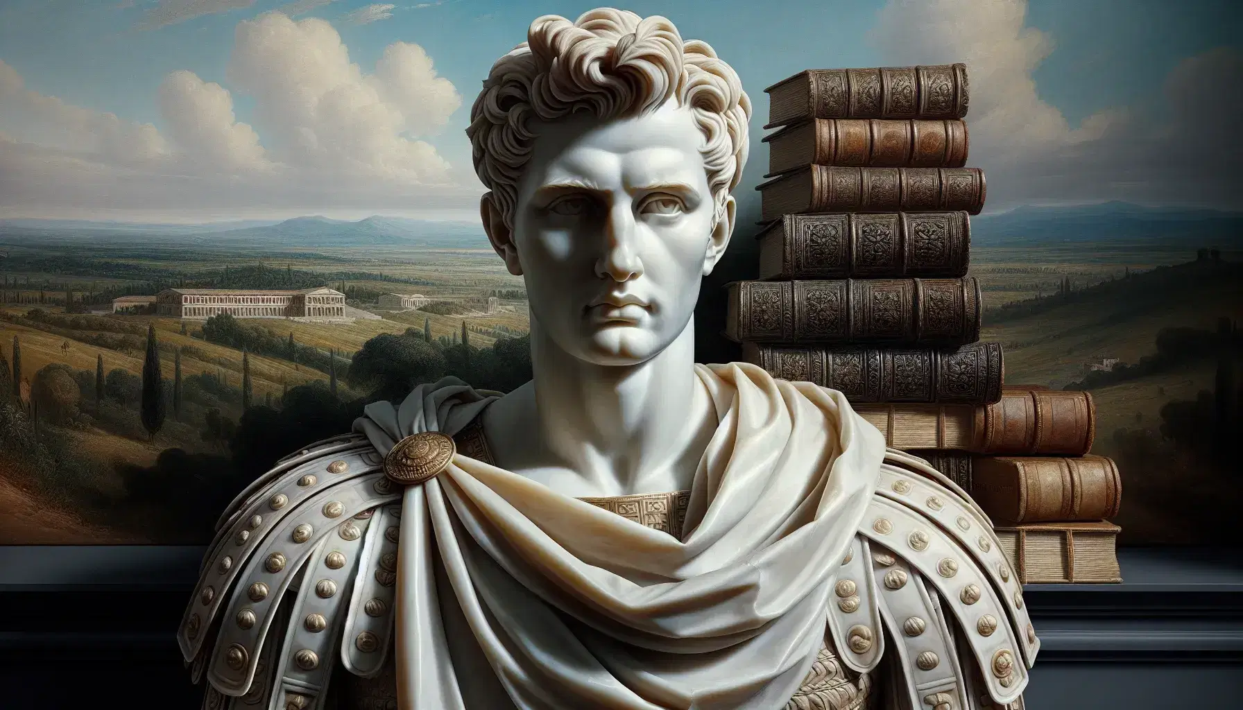 Statua in marmo bianco di figura storica in armatura romana con sfondo di colline verdi e libri antichi ai suoi piedi.