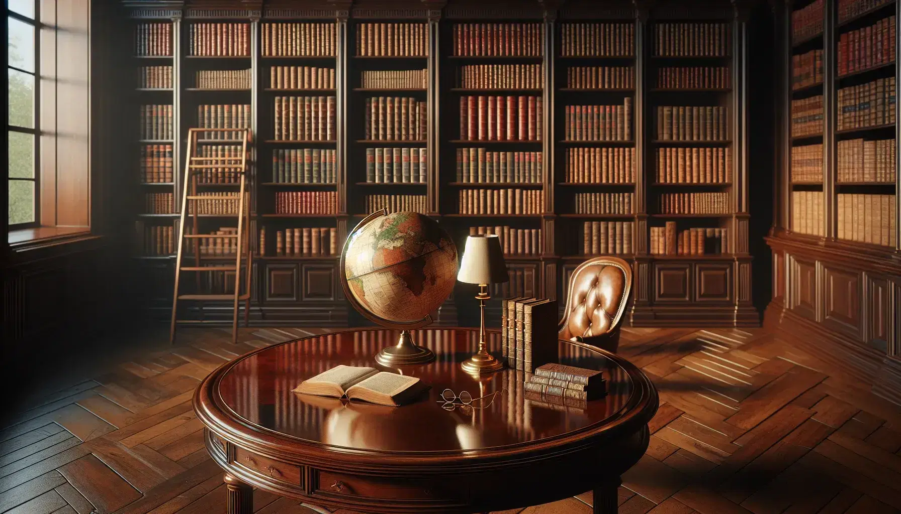 Biblioteca clásica con estantes de madera oscura llenos de libros encuadernados en cuero, mesa con globo antiguo y gafas, y escalera de acceso.
