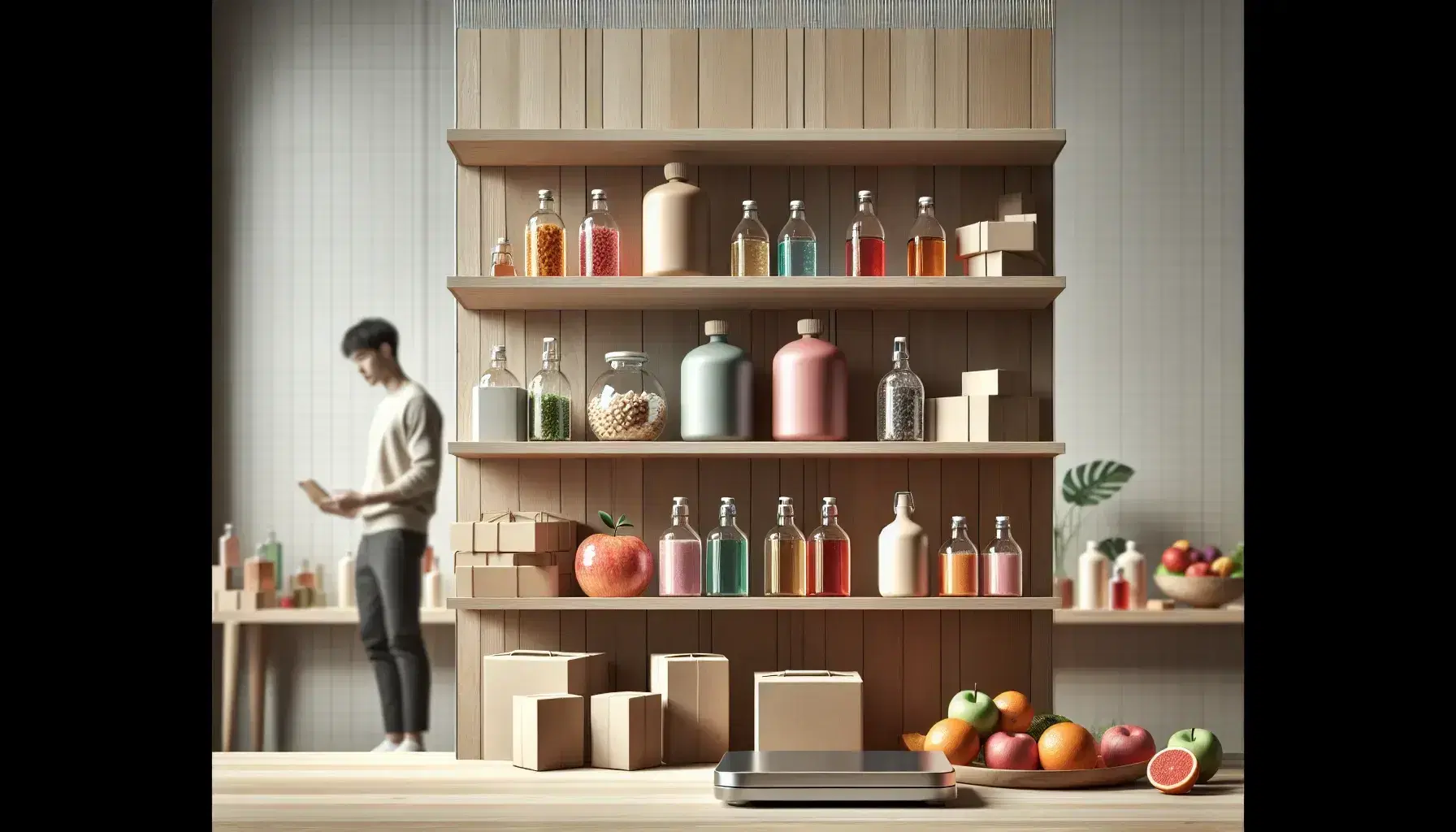 Estante de madera con productos variados y báscula digital en primer plano, frutas frescas al lado y persona examinando artículo en tienda iluminada.