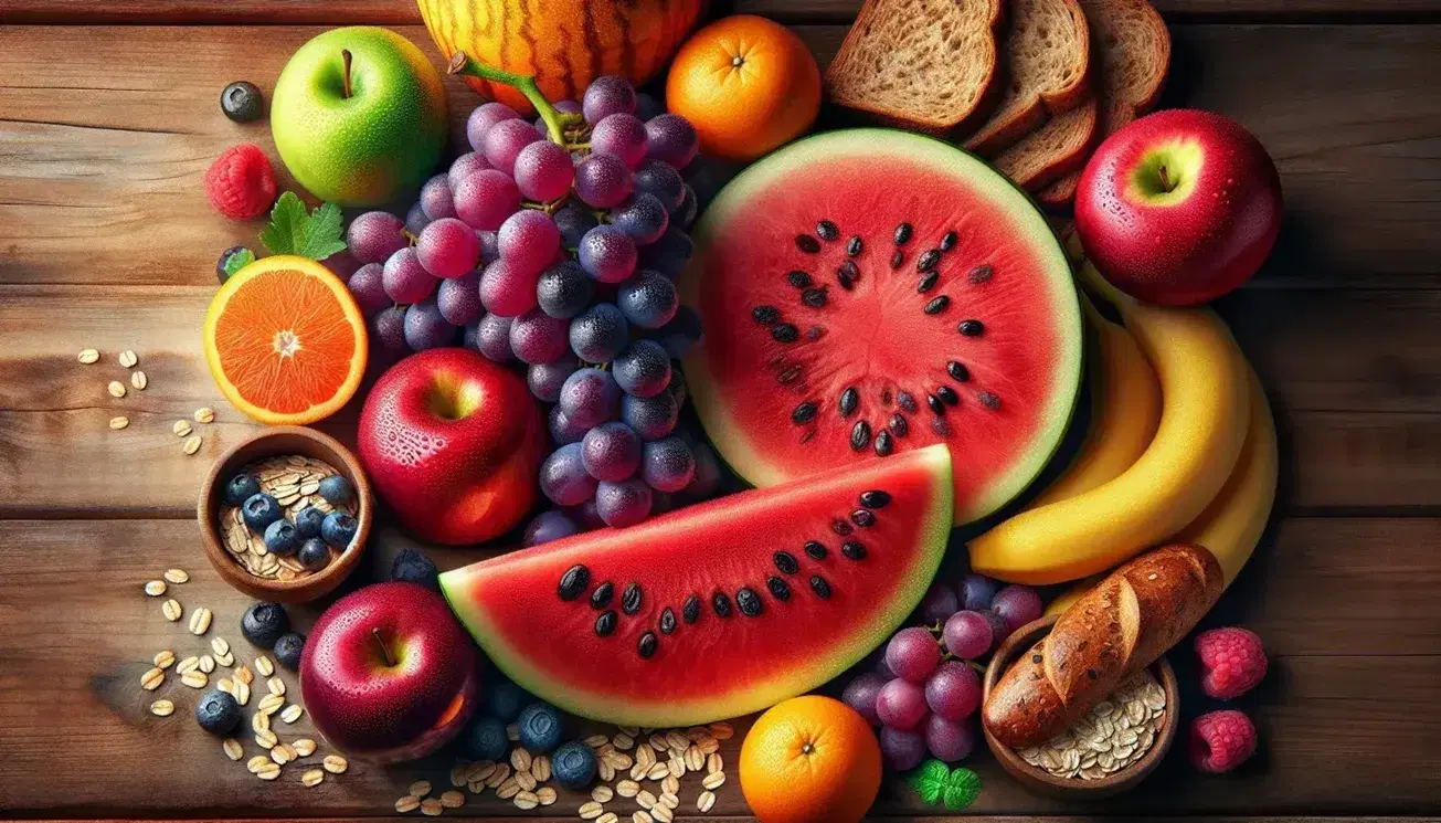 Variedad de alimentos naturales en superficie de madera con uvas, rodaja de sandía, manzana roja, naranja, banana madura, avena y pan integral bajo luz natural.