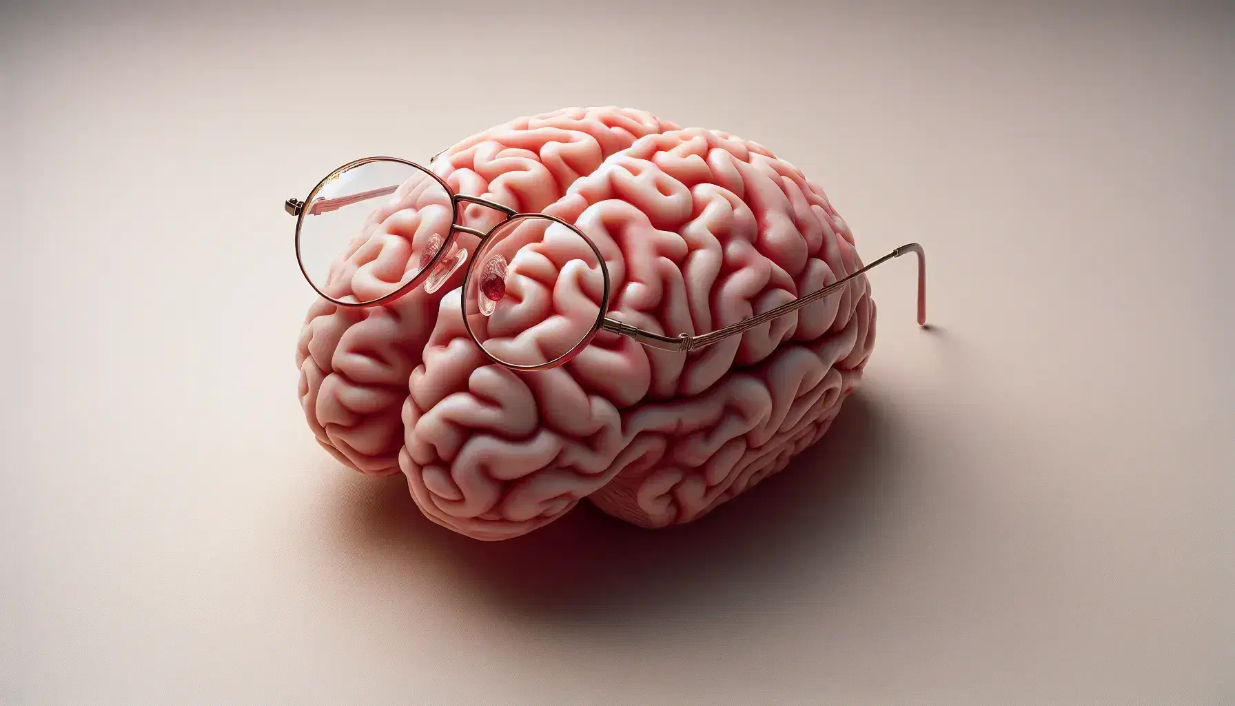 Detailed human brain model with visible gyri and sulci, transparent glasses above and gray undefined object on the right.