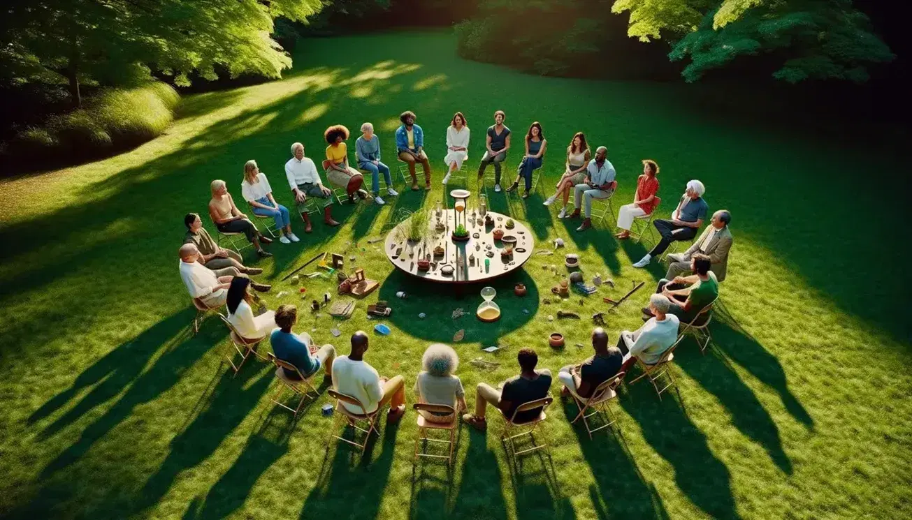Grupo diverso de personas sentadas en círculo en un parque con mesa central, conversando activamente en un día soleado.