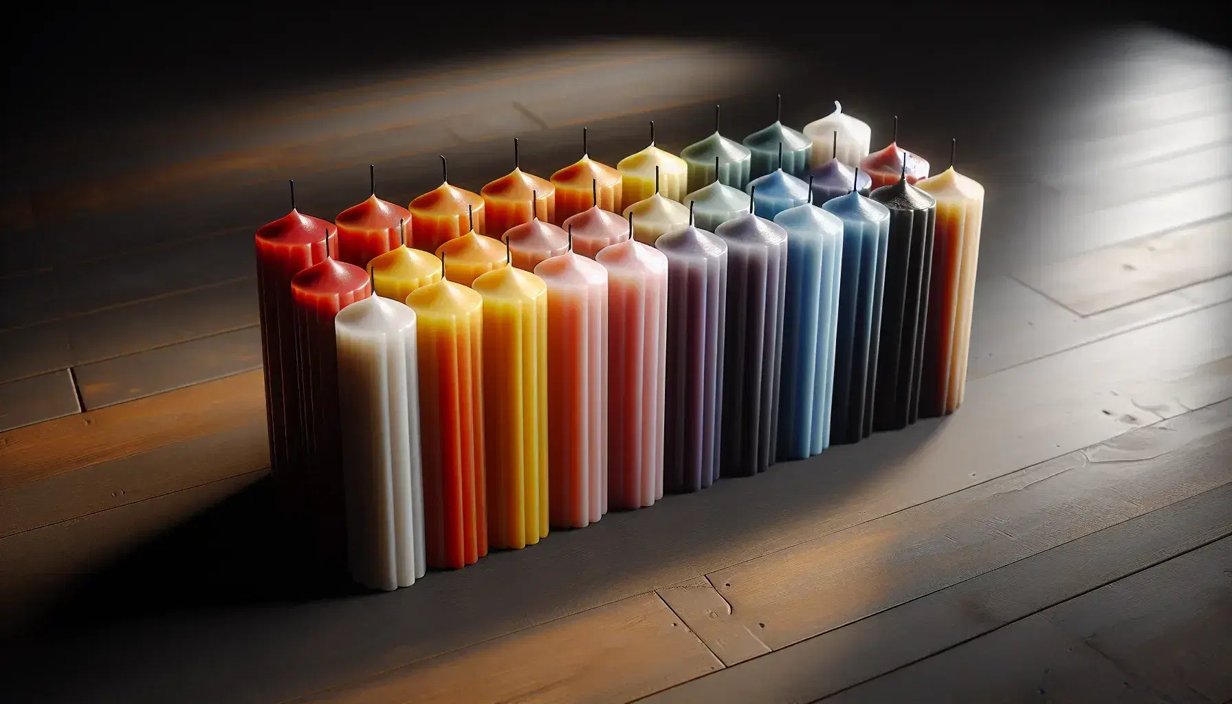 Conjunto de diez velas de cera de colores variados en fila sobre superficie de madera oscura, con sombras suaves a la derecha.