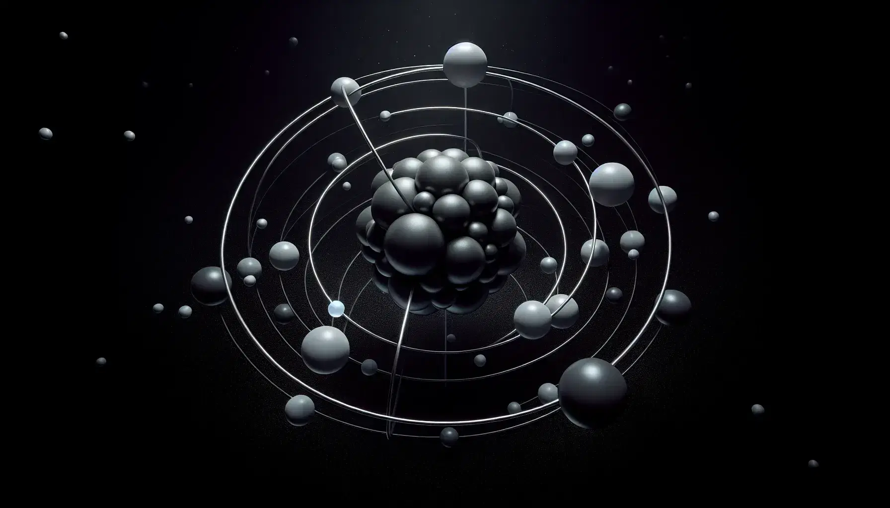 Rappresentazione stilizzata di un atomo di carbonio con nucleo nero centrale e sei elettroni grigi in orbita su sfondo cosmico nero.