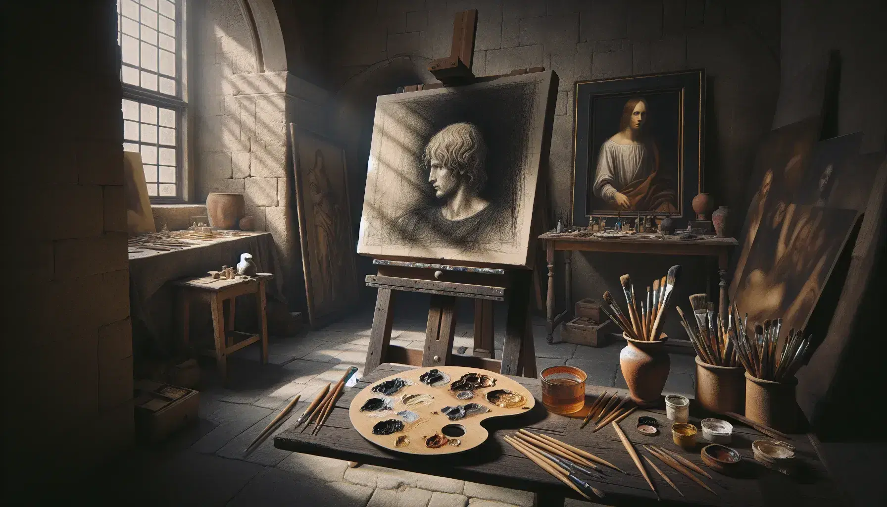 Studio rinascimentale con tela su cavalletto, tavolo da lavoro con pennelli e palette, finestra che illumina la scena.