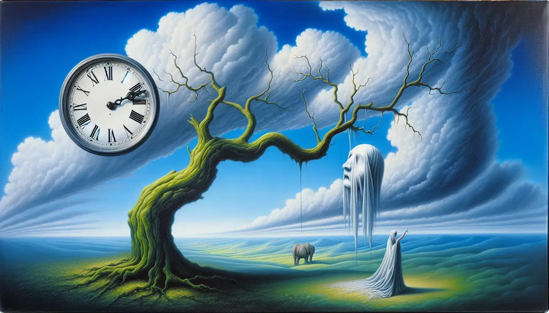 Orologio morbido su ramo in paesaggio surreale con cielo blu, colline verdi, figura umana velata e elefante con gambe lunghe.