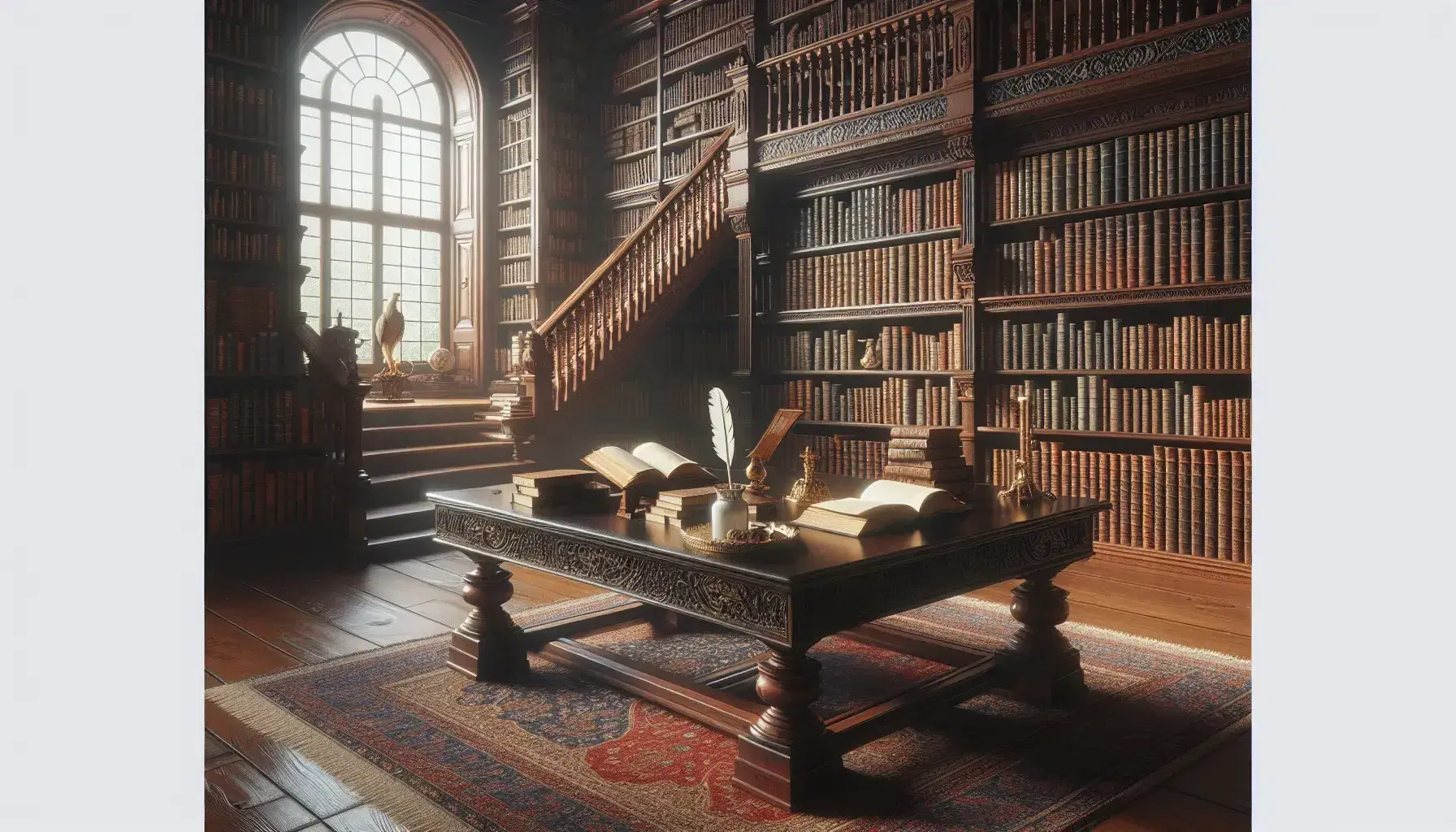Biblioteca clásica con estanterías de madera oscura llenas de libros encuadernados en cuero, mesa central con libros abiertos, gafas y pluma en tintero, iluminada por ventana arqueada.
