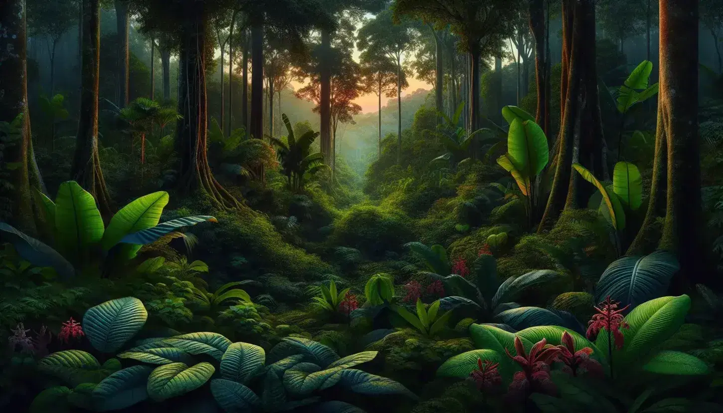 Twilight descends on a dense jungle, with glossy green foliage, red and purple flowers, and tree trunks rising into a canopy pierced by sunset hues.