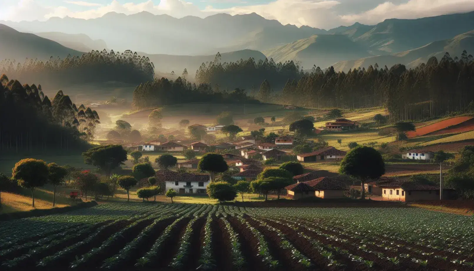 Paisaje rural colombiano con campo de cultivo en primer plano, casas con techos rojos entre árboles y montañas neblinosas al fondo bajo un cielo azul claro.