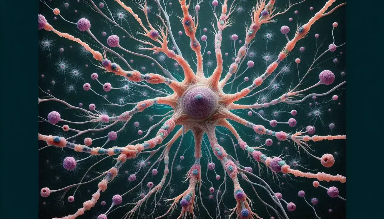 Neurone umano con corpo cellulare rosa, dendriti ramificati, assone con guaina mielinica e cellule gliali circostanti in ambiente biologico.